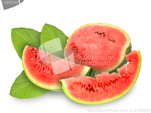 Image of Fresh red watermelon and green leafs