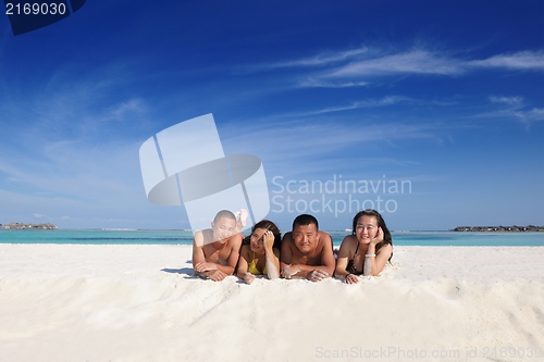 Image of group of happy young people have fun on bach
