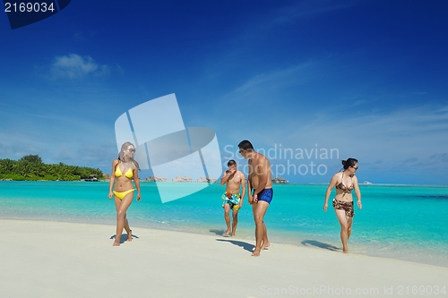 Image of group of happy young people have fun on bach
