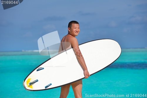 Image of Man with surf board on beach