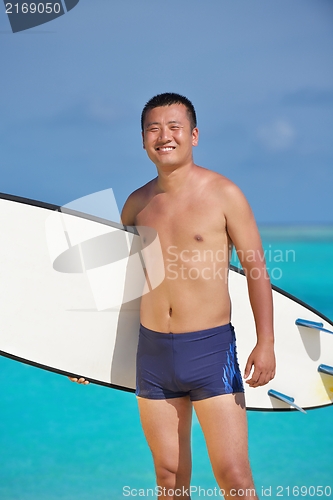 Image of Man with surf board on beach