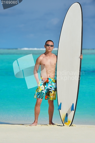 Image of Man with surf board on beach