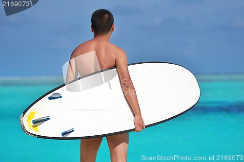 Image of Man with surf board on beach