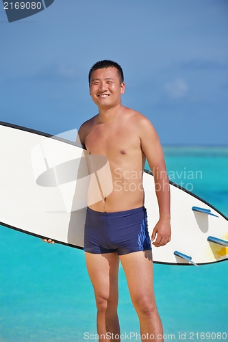 Image of Man with surf board on beach