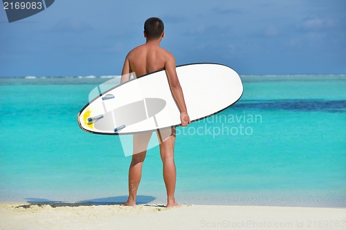 Image of Man with surf board on beach
