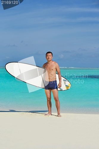 Image of Man with surf board on beach