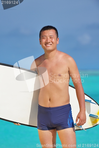 Image of Man with surf board on beach