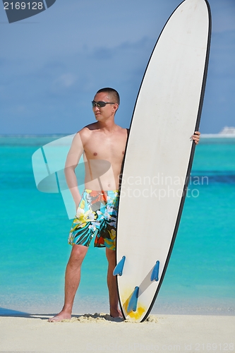 Image of Man with surf board on beach