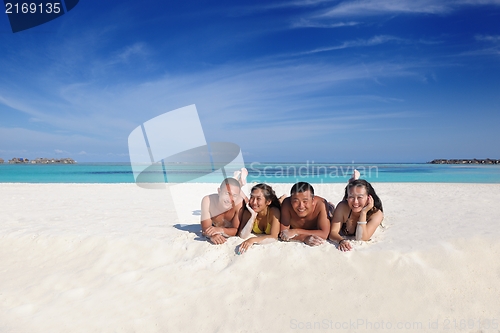 Image of group of happy young people have fun on bach