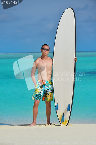 Image of Man with surf board on beach