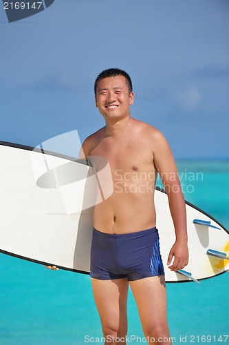 Image of Man with surf board on beach