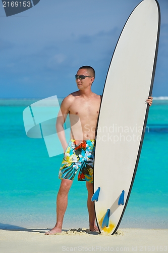 Image of Man with surf board on beach