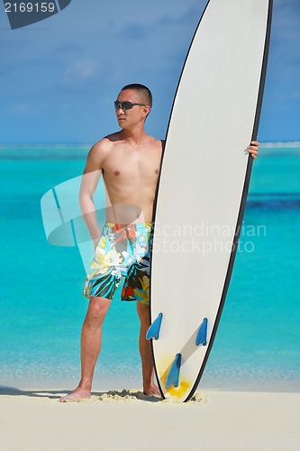 Image of Man with surf board on beach