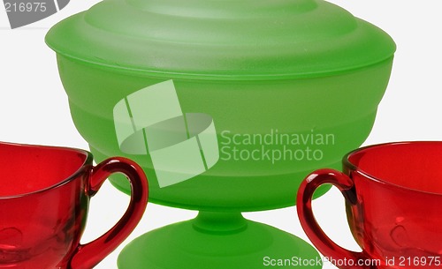 Image of Frosted green and ruby red glassware