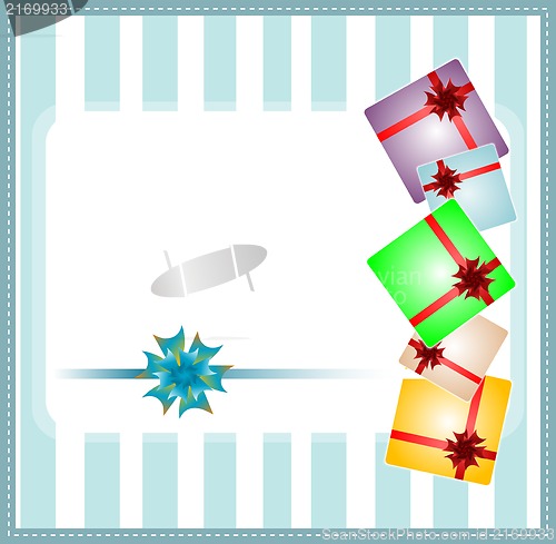 Image of Holiday background with blue gift bow and gift boxes