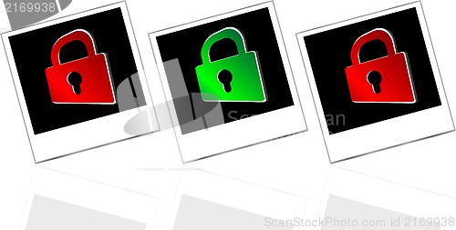 Image of Set of empty photos and padlock on abstract white background