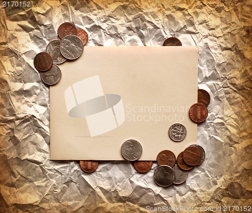 Image of Vintage decorativ composition with old paper and coins, Money Finance Background/ Finance concept.