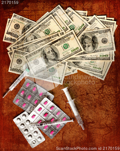 Image of Finance Background of money for business, Health concept. Medicine, syringe and pills. Retro vintage card