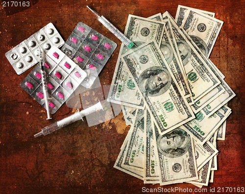 Image of Finance Background of money for business, Health concept. Medicine, syringe and pills. Retro vintage card