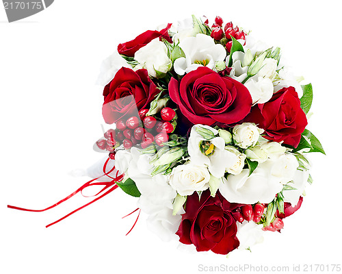 Image of Flower wedding bouquet from white and red roses isolated on whit