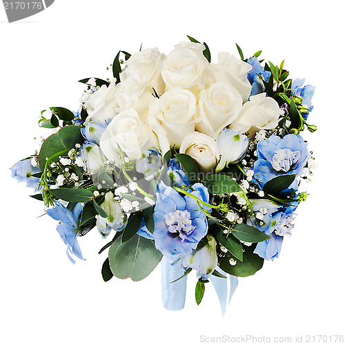 Image of Floral wedding bouquet from white roses and delphinium isolated 