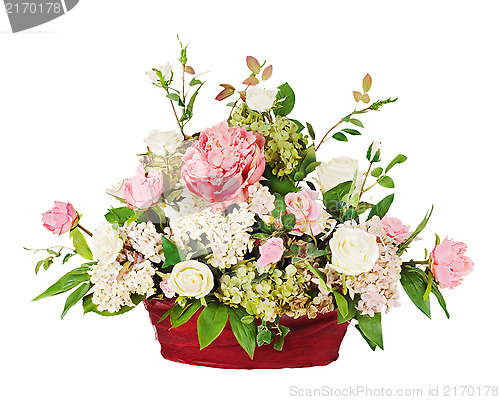 Image of Colorful floral bouquet from roses and cloves arrangement center