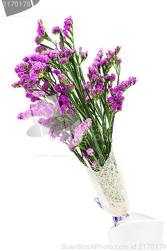 Image of Bouquet from purple statice flowers arrangement centerpiece in v