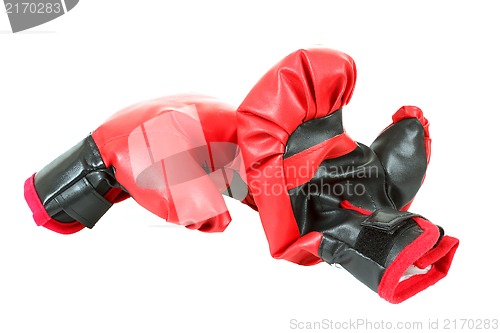 Image of Pair of red leather boxing gloves isolated on white