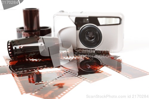 Image of analog photo camera and color negative films