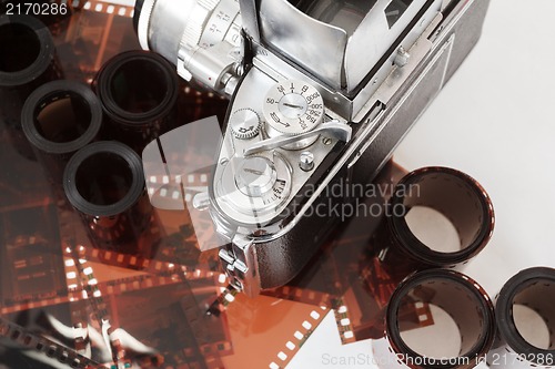 Image of analog vintage SLR camera and color negative films