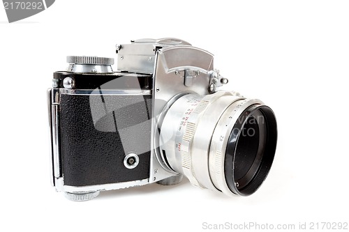 Image of retro old vintage analog photo camera on white