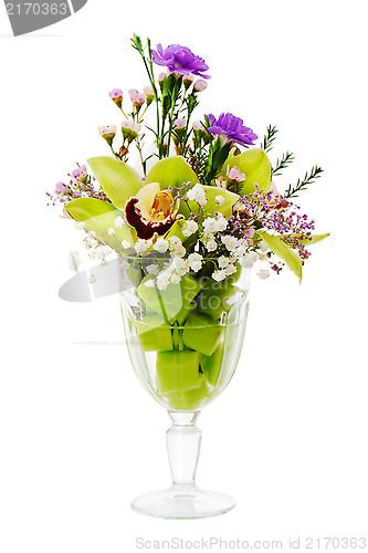 Image of Floral bouquet of orchids, roses and carnation arrangement cente