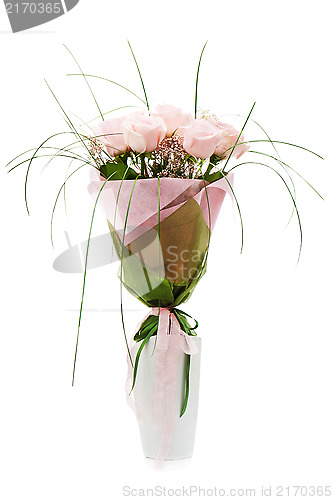 Image of Colorful flower bouquet from pink roses in white vase isolated o
