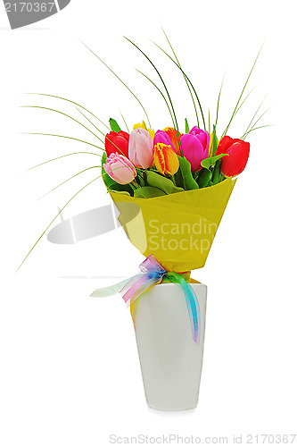 Image of Flower bouquet from colorful tulips in white vase isolated on wh