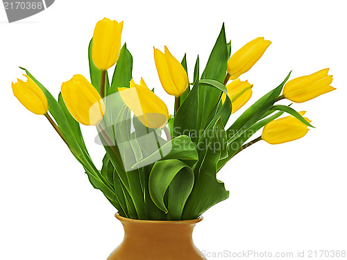 Image of Flower bouquet from  yellow tulips in brown vase isolated on whi
