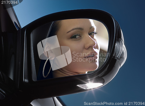 Image of face in rear-view mirror 