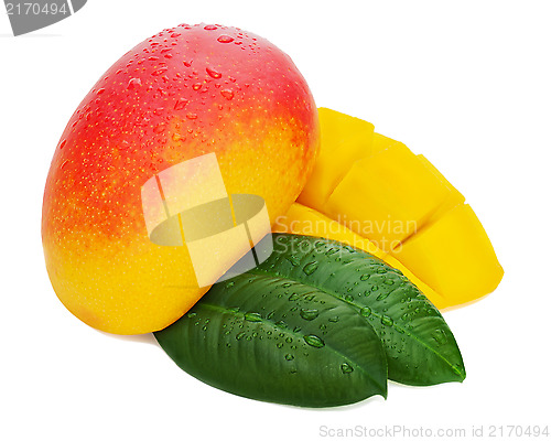 Image of Fresh mango fruit with cut and green leaves isolated on white ba