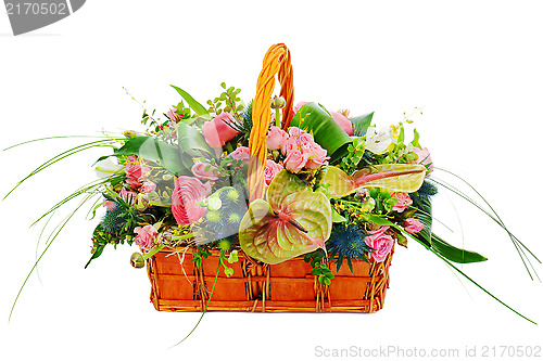 Image of Flower bouquet arrangement centerpiece in a wicker gift basket i