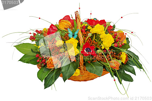 Image of Flower bouquet arrangement centerpiece in a wicker gift basket i