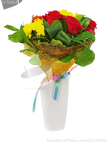 Image of Colorful flower bouquet in white vase isolated on white backgrou