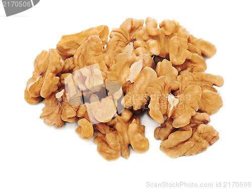 Image of Heap of fresh shelled walnuts on white background. Close-up.