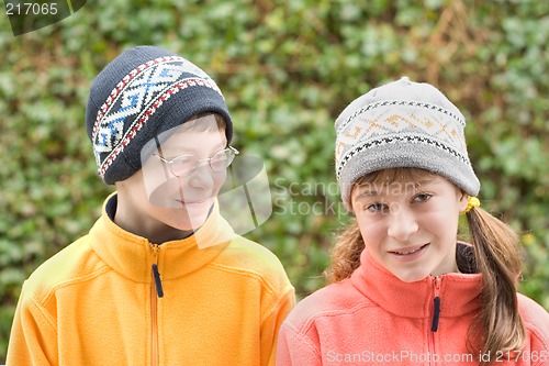 Image of Kids in Ski Hats and Fuzzy Pullovers