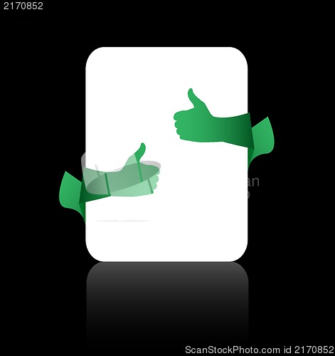 Image of Thumb up like hand sign ???? empty card on black background