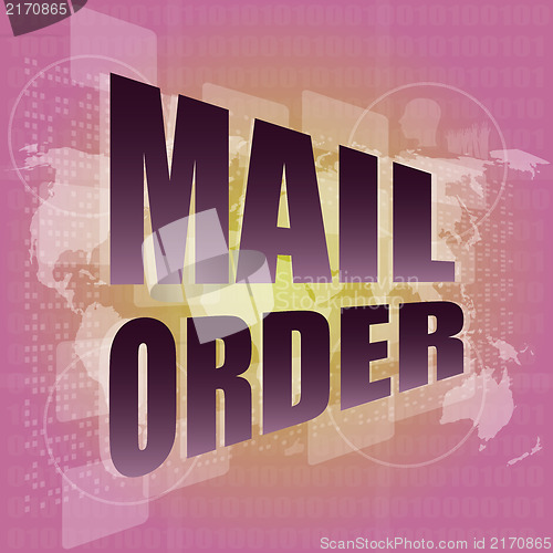 Image of mail order words on digital screen background with world map
