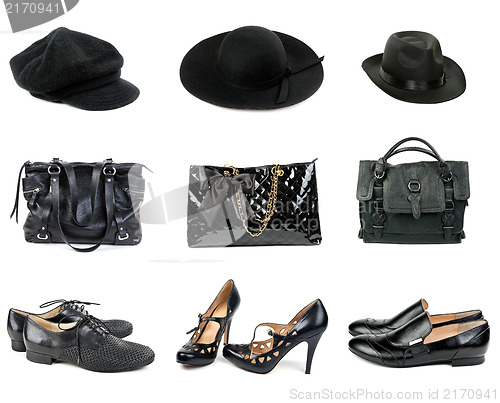 Image of Three sets of hats, handbags and shoes.