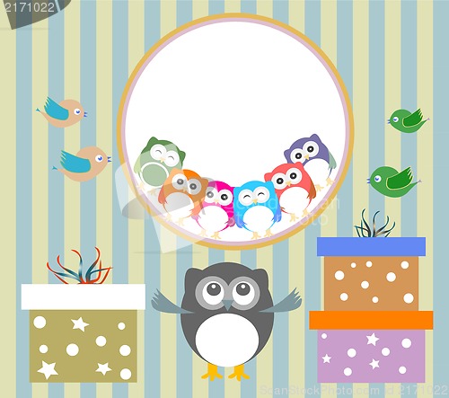 Image of birthday party elements with cute owls and birds