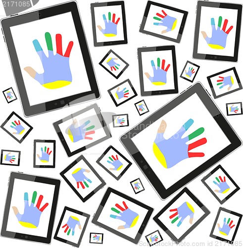 Image of tablet pc set with people hands seamless pattern