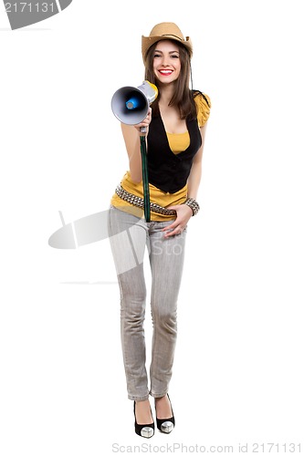 Image of Brunette with a loudspeaker