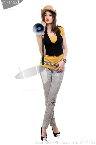 Image of Attractive brunette with a loudspeaker