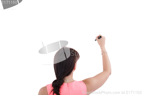 Image of Rear view of corporate woman writing on copy space isolated on w